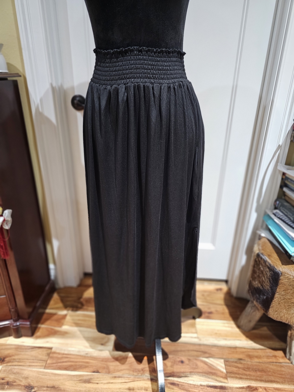 Black Smocked-Waist with Pockets Maxi Skirt